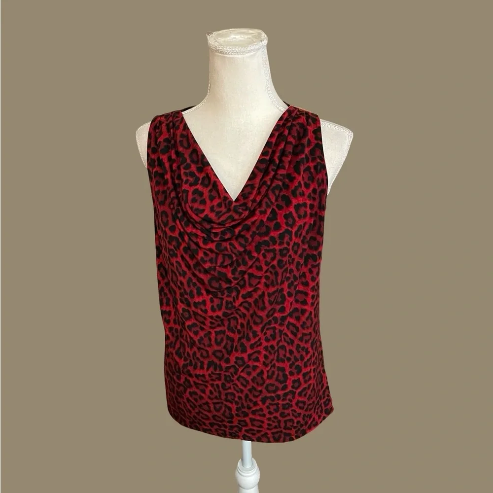 Michael Kors Red Black Animal Print tank top cowl neck SMALL gold bar sleeveless - Picture 4 of 16